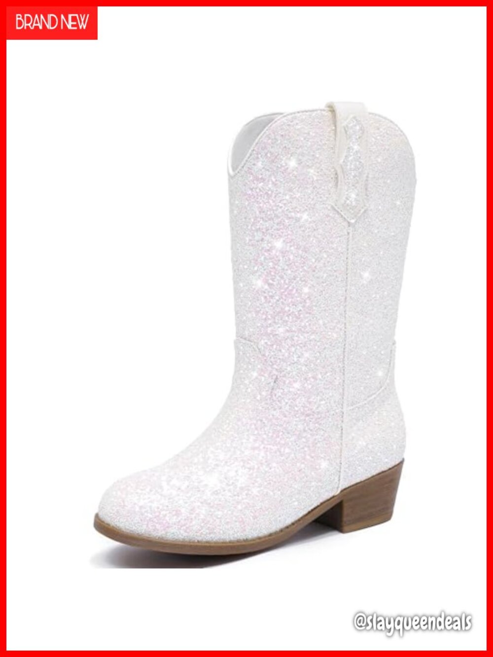 Girls Glitter Cowgirl Boots Pointed Toe Mid-Calf Block Heel